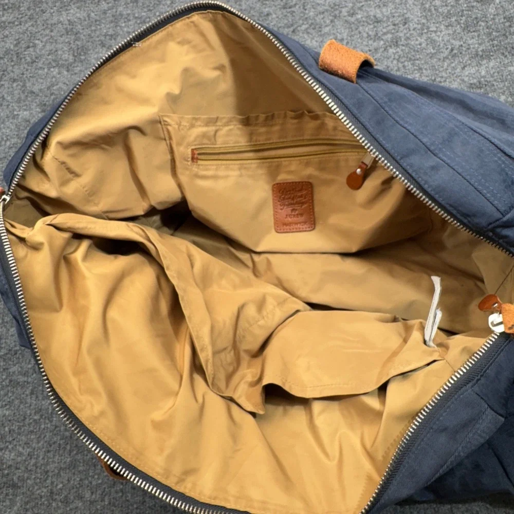 J Crew Harwick Duffle Bag Blue Brown Leather Trim Travel Weekender Overnight
